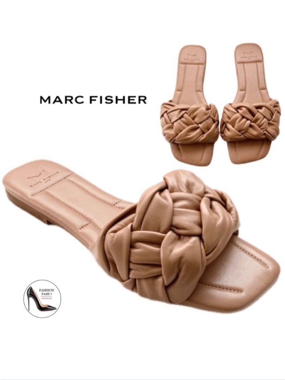 MARC FISHER Miyuki Tan Leather Woven Square Toe Flat Mules Slip on Sandals 8.5